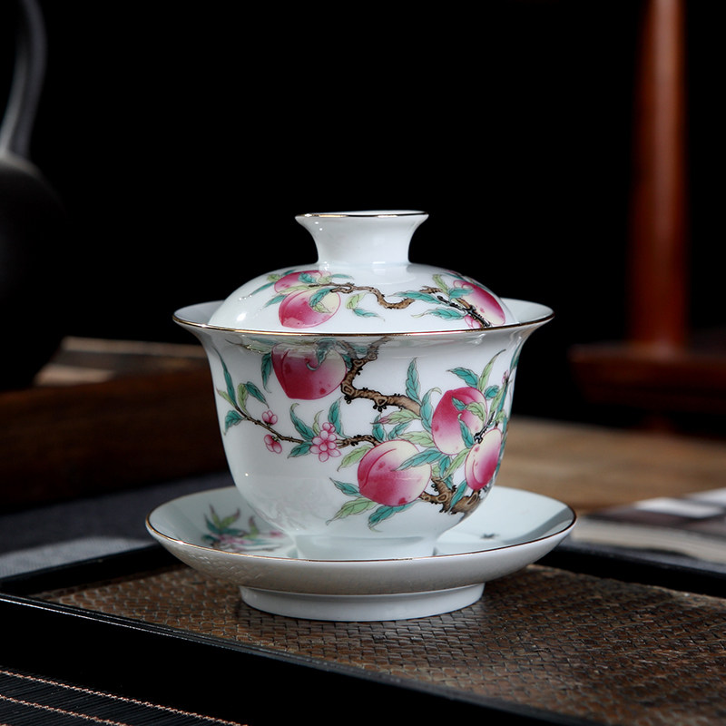 景德镇三才盖碗陶瓷功夫茶具手工描金茶杯小号茶碗单个不烫手茶盏