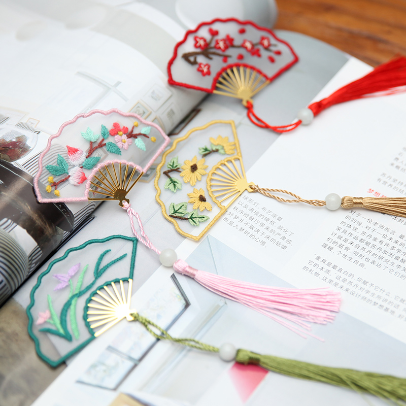 指间手工diy精美扇形书签自绣材料包古风流苏复古双面