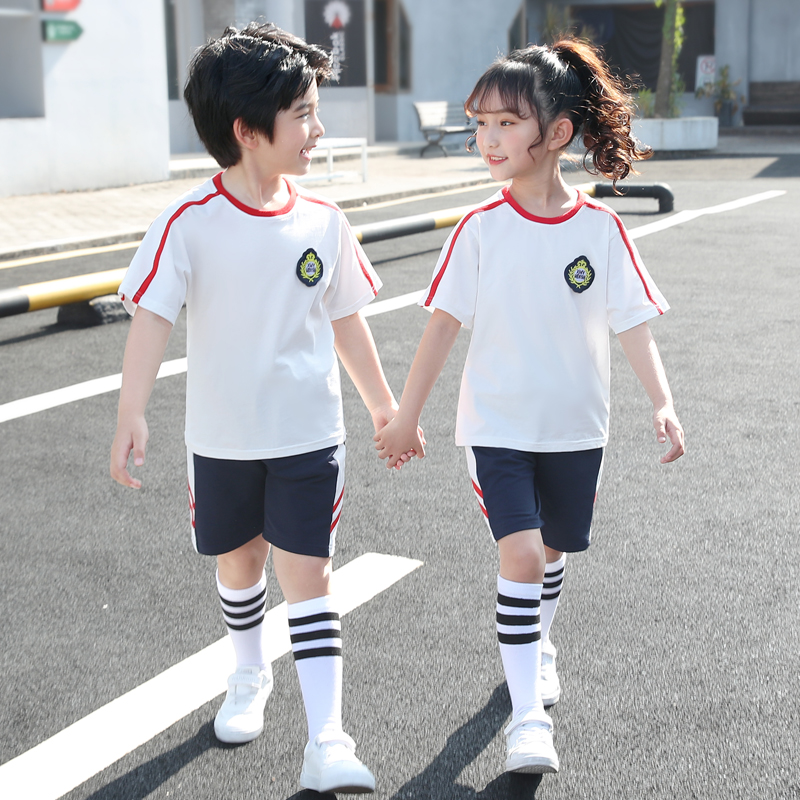 小学生校服夏装套头短袖套装棉班服毕业服白色夏季幼儿园园服圆领