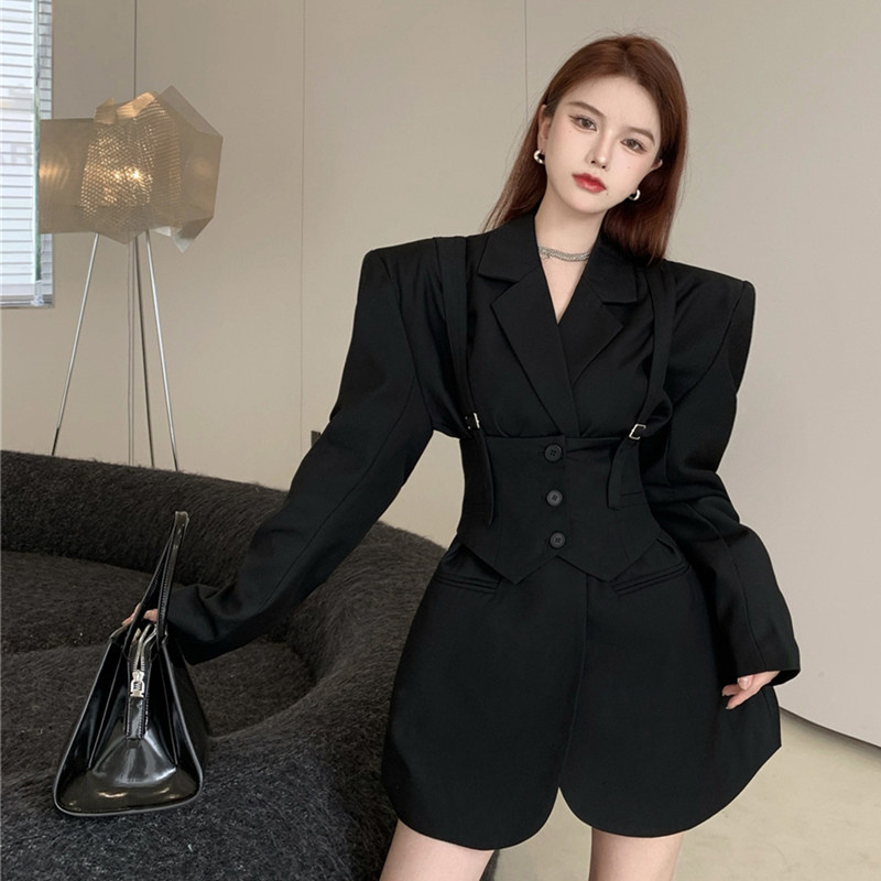 黑色西装外套女春秋垫肩长袖西服oversize宽松中长款气质休闲上衣