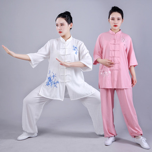 新款棉麻太极拳练功服短袖女式服装薄款太极服夏季刺绣亚麻中国风