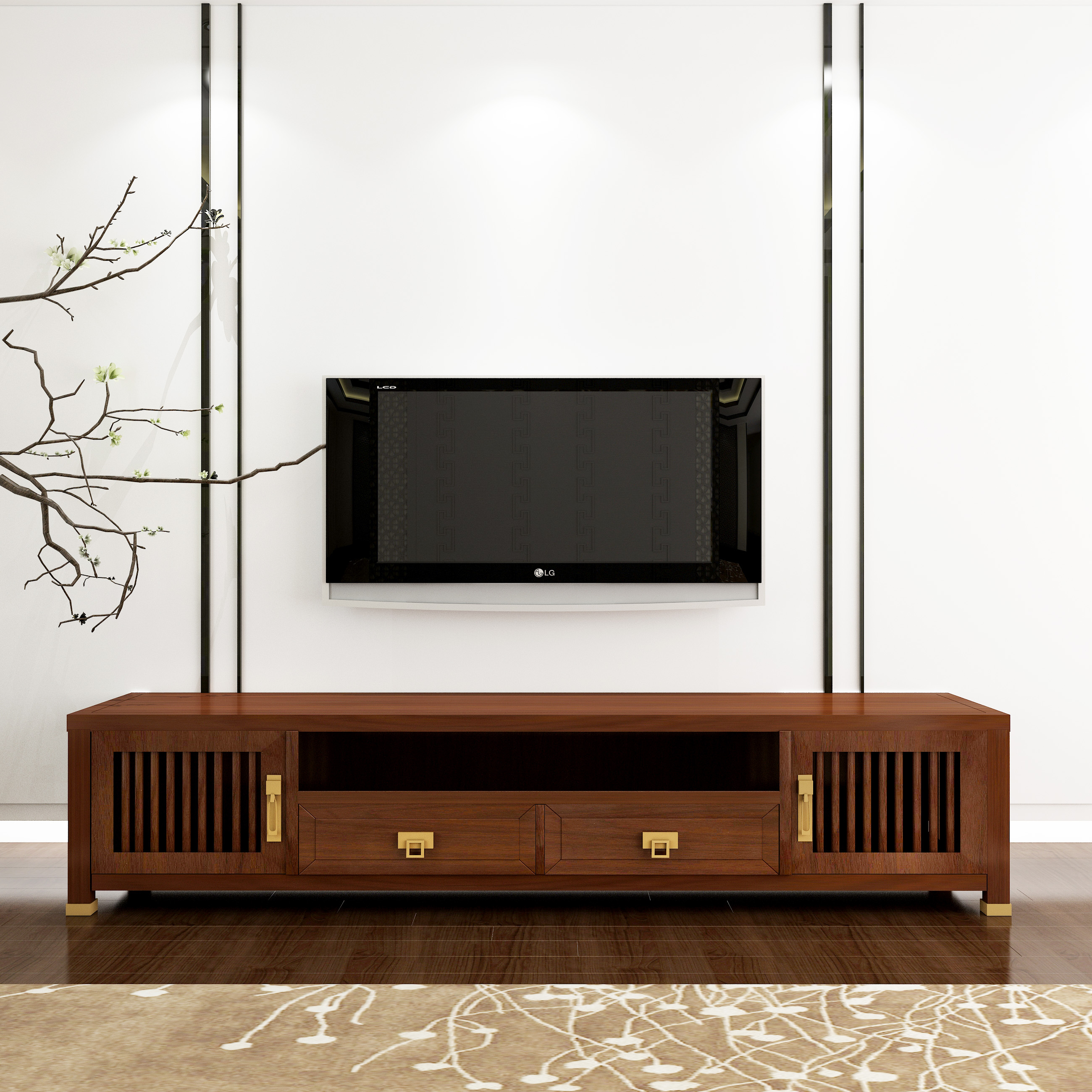 新中式现代简约实木电视柜仿古实木家具榆木电视柜客厅卧室落地柜_不