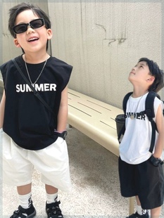 男童夏季韩版时尚新款纯棉中小童薄款无袖小背心运动外穿坎袖上衣