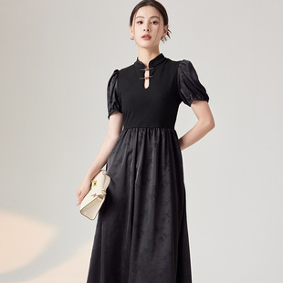[本初]新中式国风改良旗袍黑色修身连衣裙女夏季短袖缎面提花长裙