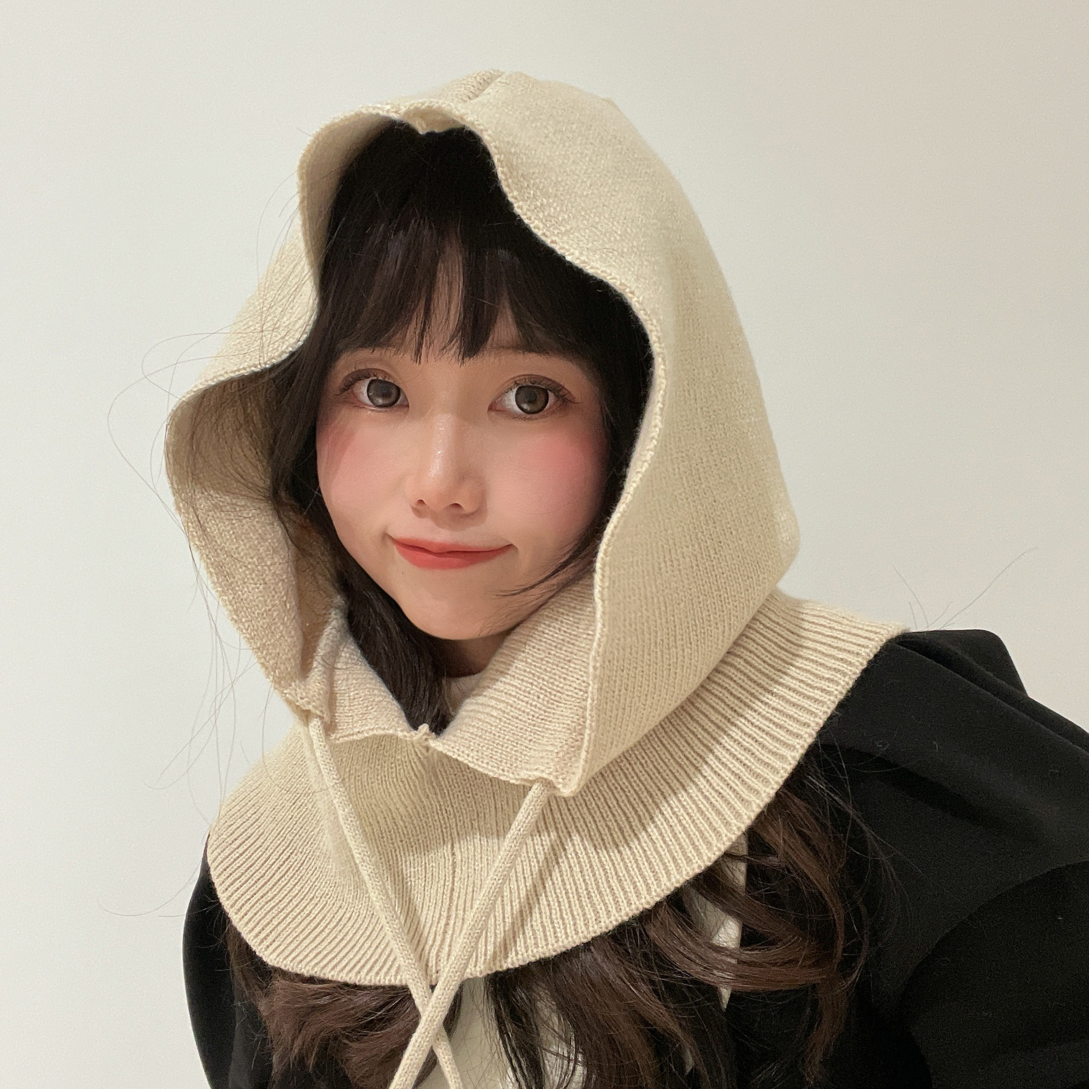 韩国chic秋冬复古法式设计感套头针织连帽围巾一体披肩百搭保暖潮