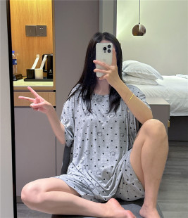 短袖睡衣女夏天薄款针织坑条莫代尔猫咪家居服大码胖mm200斤套装