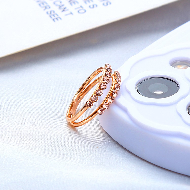 韩国双排钻时尚个性香槟色戒指小众设计双层食指环网红学生女戒子