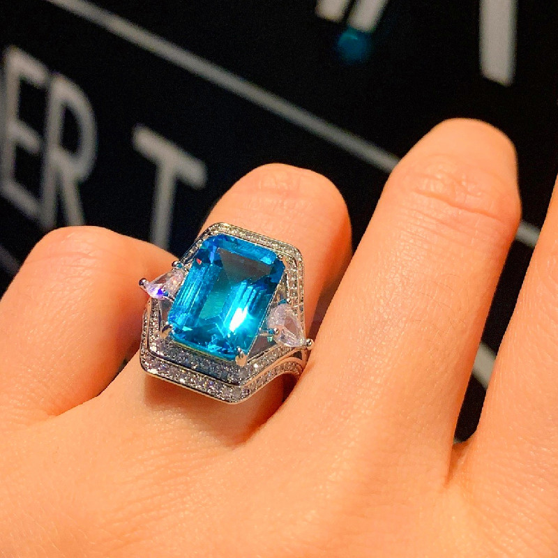 欧美宫廷长方形海蓝宝戒指天空的颜色镶嵌人造宝石指环女仿真珠宝