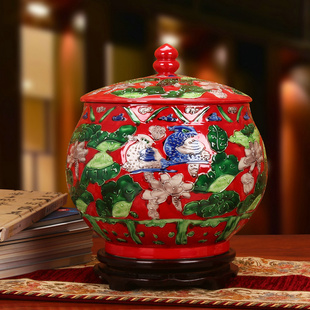 景德镇陶瓷器 仿古雕刻红色鸳鸯摆件 储物罐 米缸 瓜子缸结婚礼物