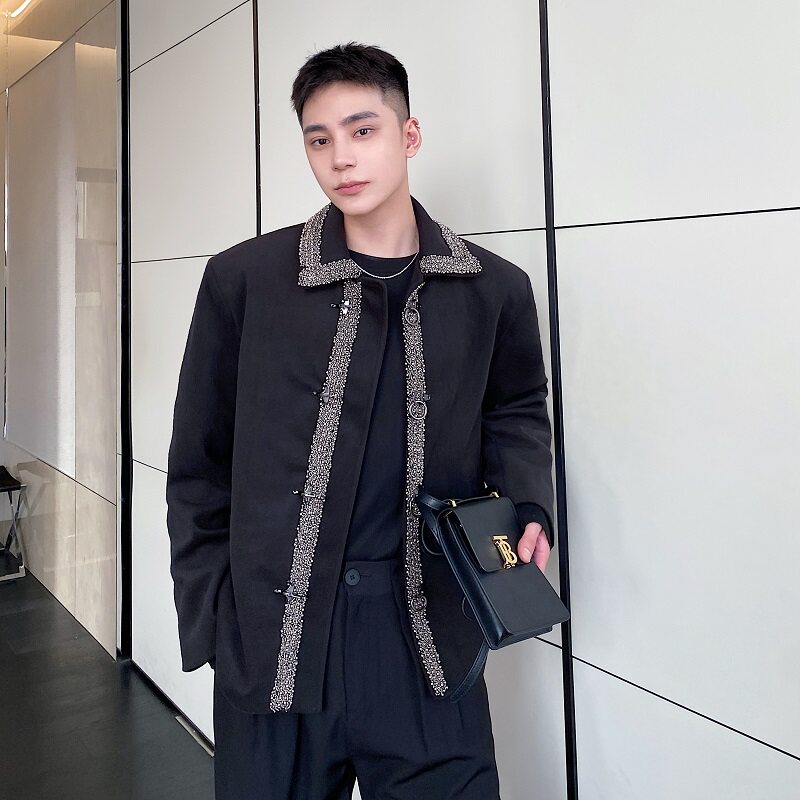 小香风毛呢外套男秋冬高级感暗黑男装金属挂钩扣法式复古西装短款