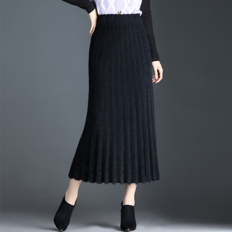 2022新款针织半身裙女秋冬过膝长裙高腰百褶裙毛线裙气质打底裙子