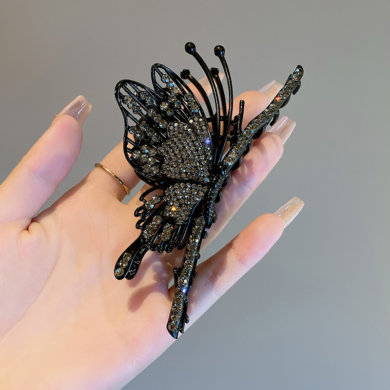 金属满钻黑蝴蝶抓夹设计师发夹女后脑勺鲨鱼夹大号高级感头饰气质