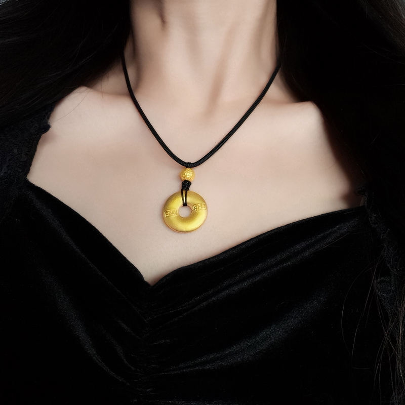 纯金黄金平安扣素圈吊坠男3d硬足金999吉祥平安编织挂绳坠项链女