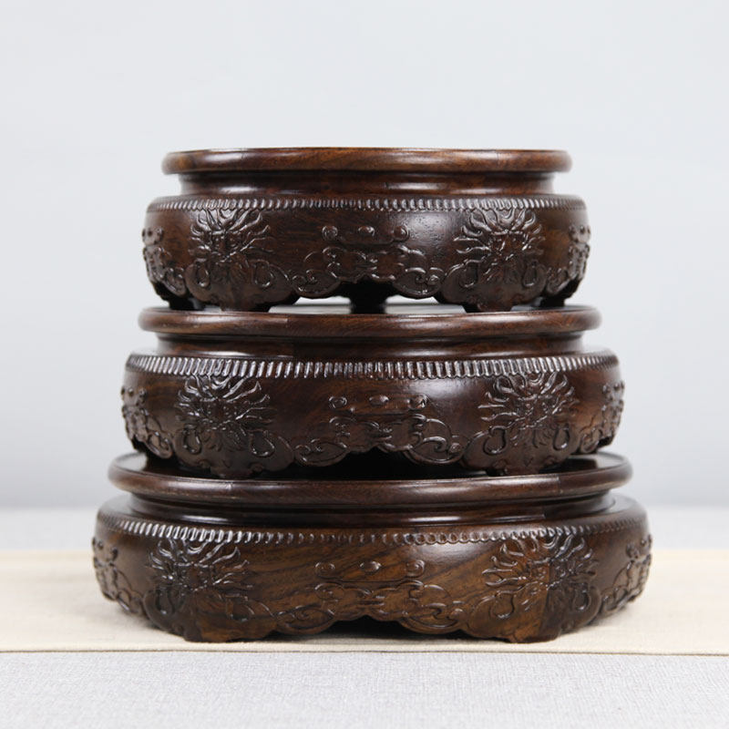 仿古中式红木工艺品木雕底座黑檀木圆形底座花盆花瓶奇石底座实木