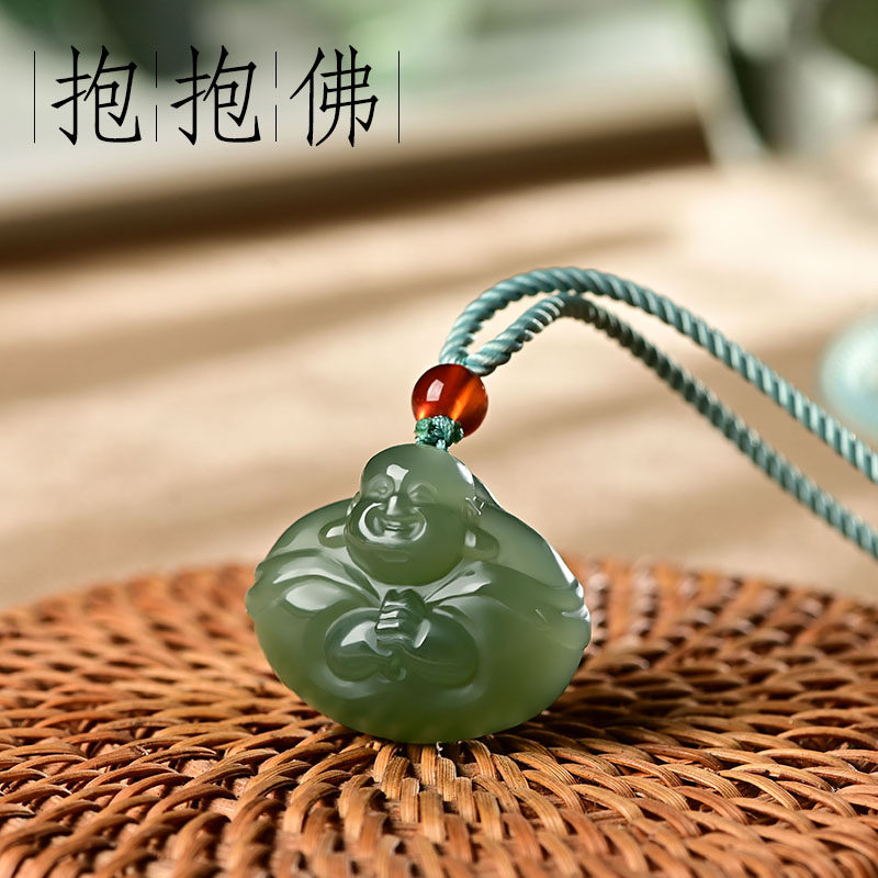 新疆和田玉抱抱佛吊坠天然玉石佛公挂件青白玉弥勒佛玉佩玉坠女