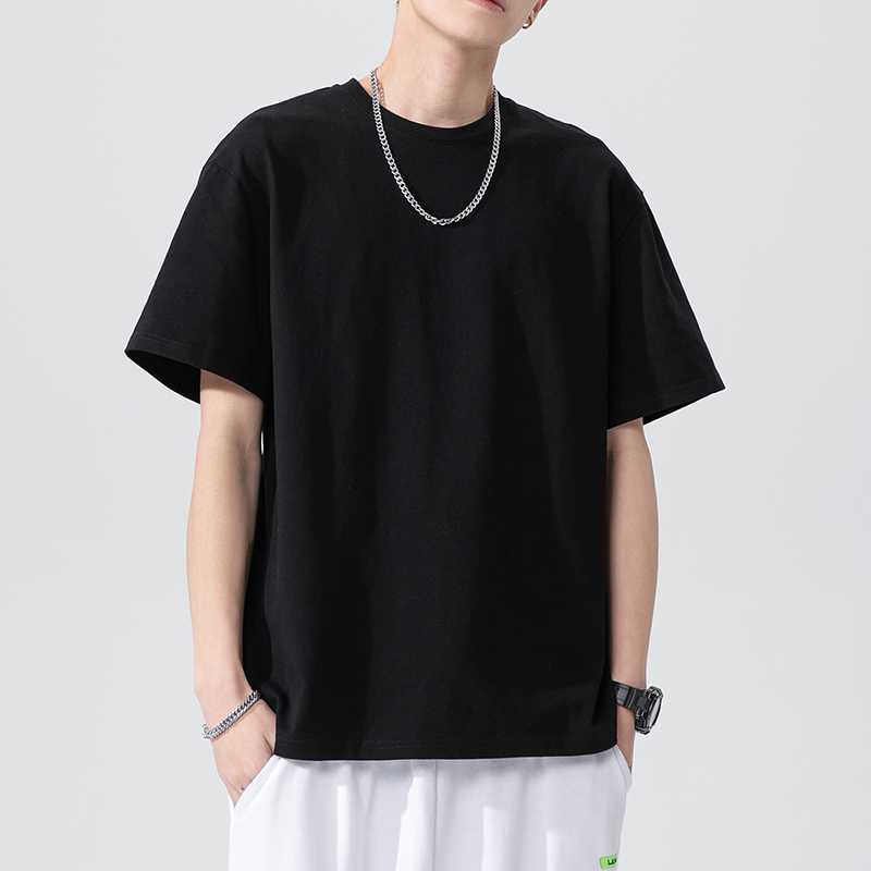 夏季短袖t恤男圆领宽松潮流百搭落肩袖纯棉ins潮牌纯色打底体恤衫