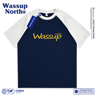 WASSUP NORTH夏季潮牌短袖T恤男美式复古重磅纯棉宽松拼接插肩袖