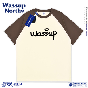 WASSUP NORTH纯棉插肩袖短袖t恤青少年圆领男生宽松撞色拼接半袖