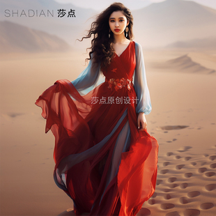 三亚青海湖沙滩裙超仙海边度假连衣裙红色沙漠长裙敦煌风拍照裙子