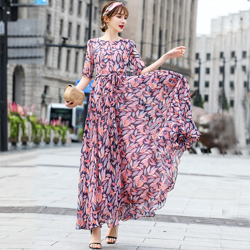 莎点小碎花裙连衣裙清新显瘦紫色花裙子超长气质长裙端庄大气脚踝