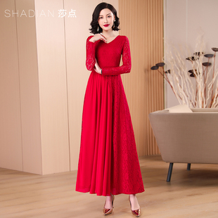 秋季新款红色连衣裙长款长袖蕾丝长裙收腰气质大摆裙喜婆婆婚宴装