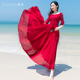 莎点雪纺大摆连衣裙酒红色蕾丝沙滩裙 很仙法国小众新款气质长裙