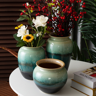 景德镇新中式复古装修宽口陶瓷花瓶可水培养鲜花插干花餐厅玄关