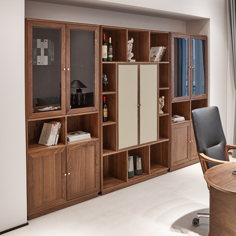 意式轻奢书柜玻璃门实木书橱家用北美黑胡桃木柜子展示柜客厅落地