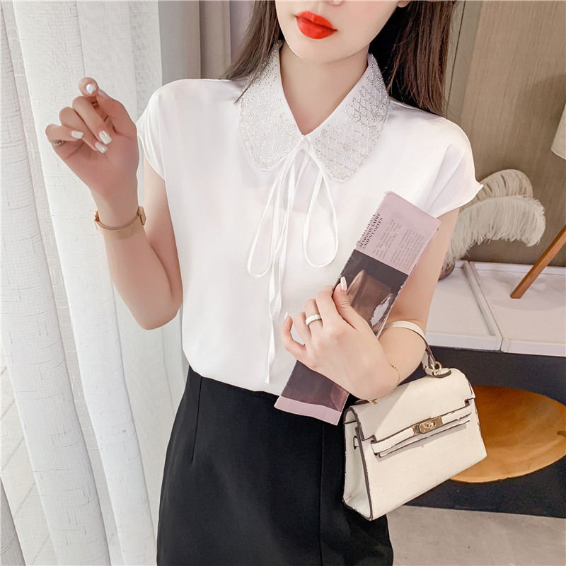 实拍法式小众设计感重工珠绣拼接雪纺衫女系带蝴蝶结宽松遮肉短袖