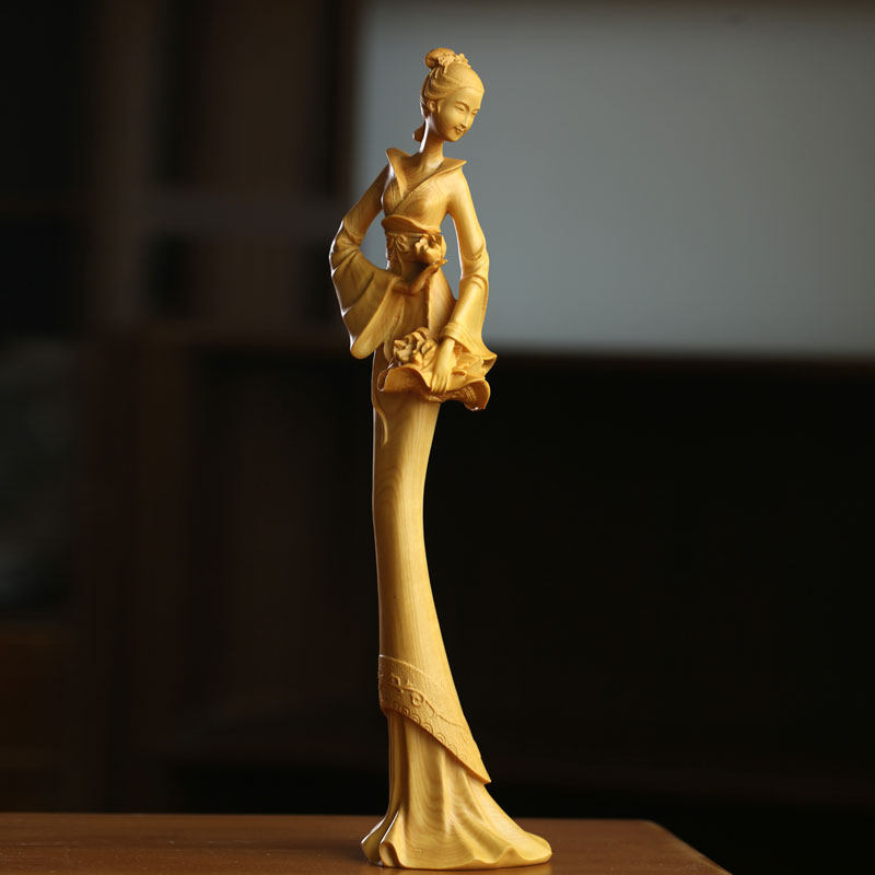 御金品小叶黄杨木雕刻美女工艺品玄关办公室卧室古典窈窕淑女摆件