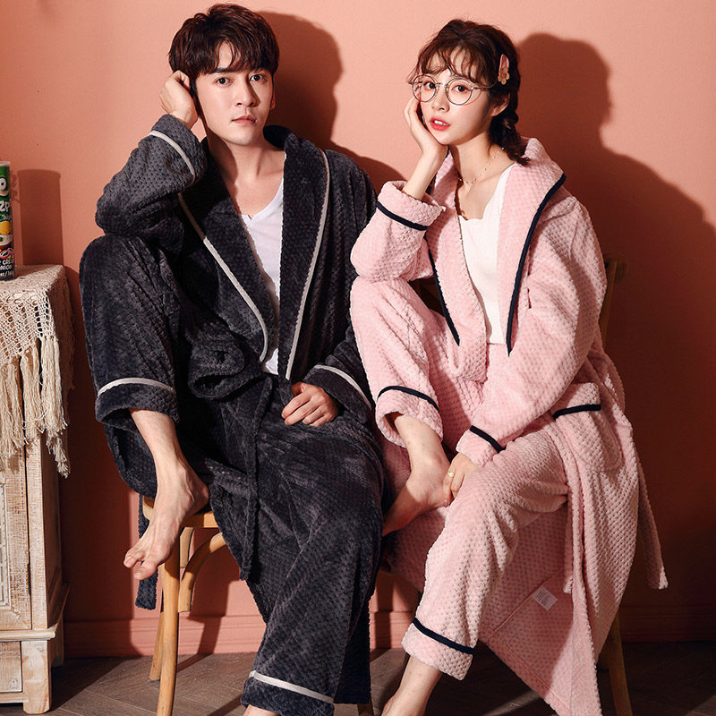 睡袍情侣睡衣女秋冬季加厚法兰绒长款浴袍男士珊瑚绒春秋家居服