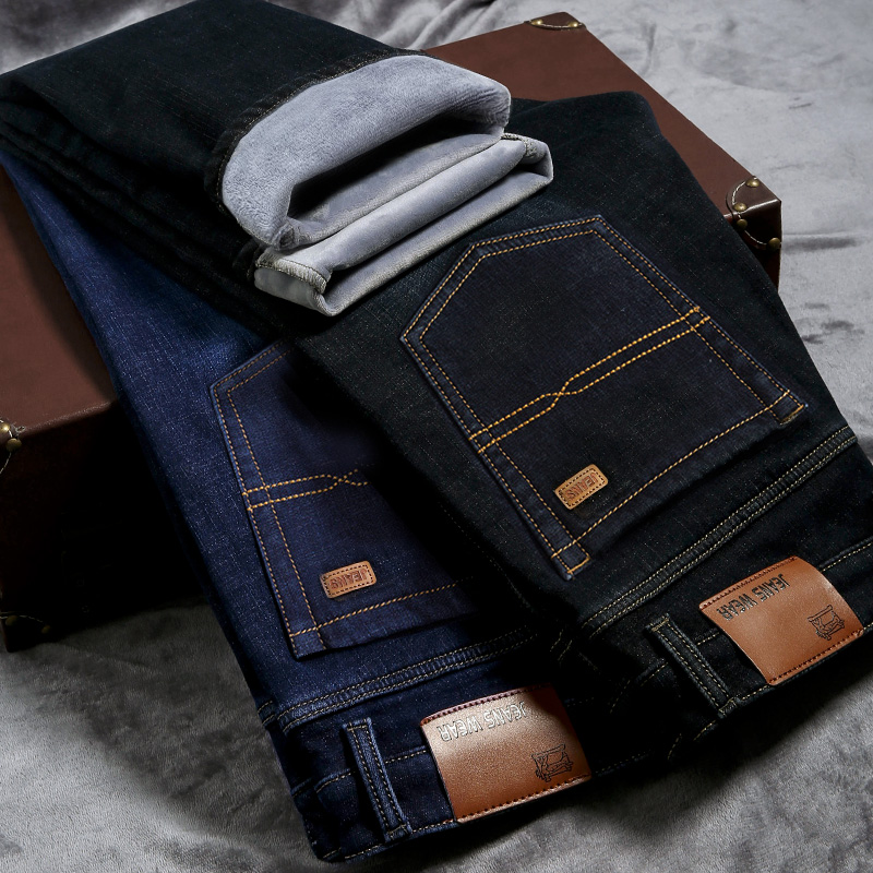 鼕季加絨加厚牛仔褲男彈力直筒寬松休閑保暖長褲子男鼕款黑色青年