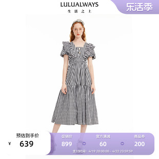 LULUALWAYS夏季新款休闲时尚黑白格纹长款短袖连衣裙居家出街