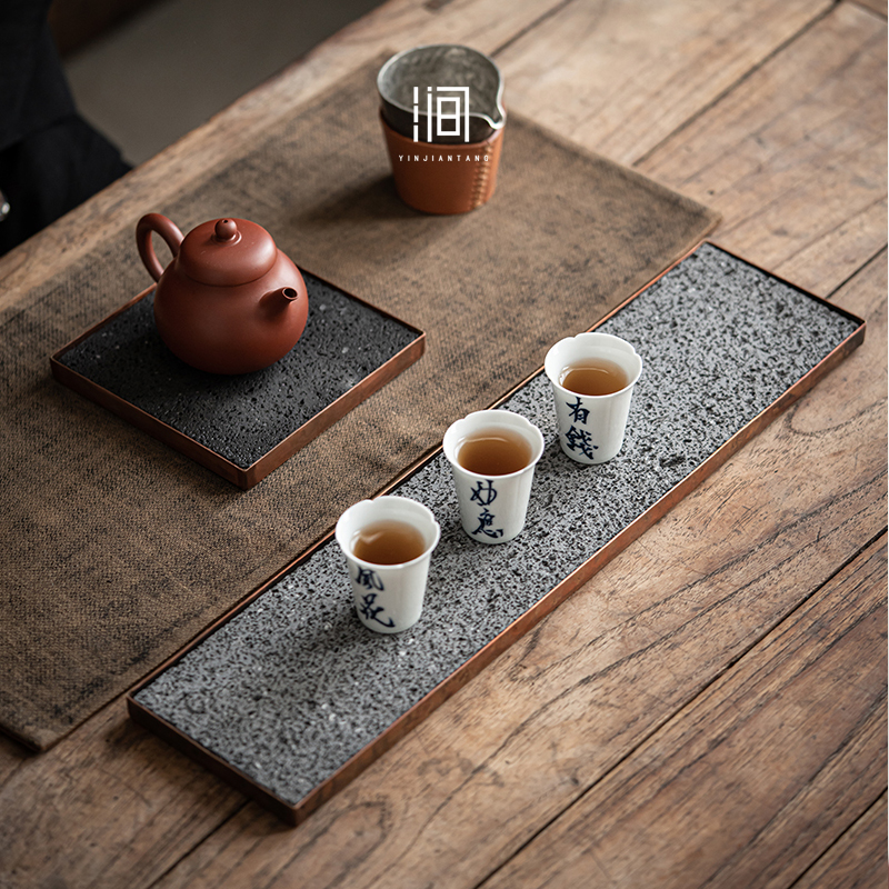 隐涧堂创意火山岩干泡台复古手工铜制茶盘小型储水干泡茶台茶道