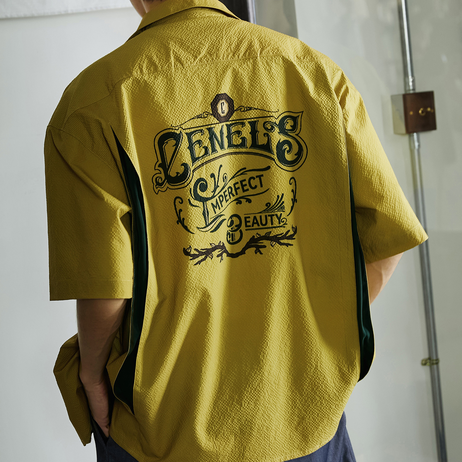 CENLES SS23 泡泡纱复古图案保龄球短袖衬衫男美式休闲衬衣宽松