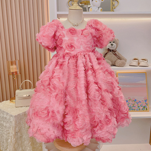 女童法式夏季连衣裙2024新款小女孩童装公主裙女宝宝粉色花朵裙子