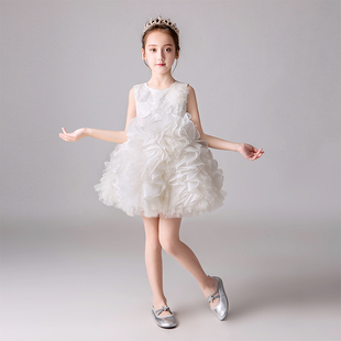 女童高端礼服洋气公主裙2024夏季新款白色长款钢琴演奏表演公主裙