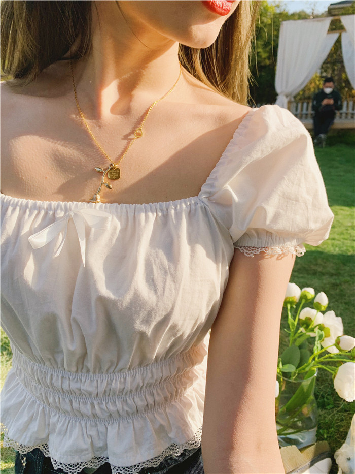 公主缎 下蛋喵20夏复古美少女缎带蝴蝶结公主袖蕾丝花边小衫上衣