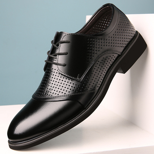 夏季皮鞋男真皮透气镂空男士内增高凉鞋系带正装商务男鞋夏天防臭