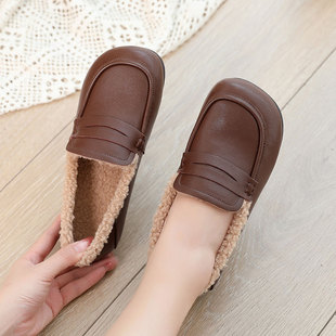 棕色复古单鞋女新款冬季加绒加厚毛毛鞋舒适圆头一脚蹬平底豆豆鞋