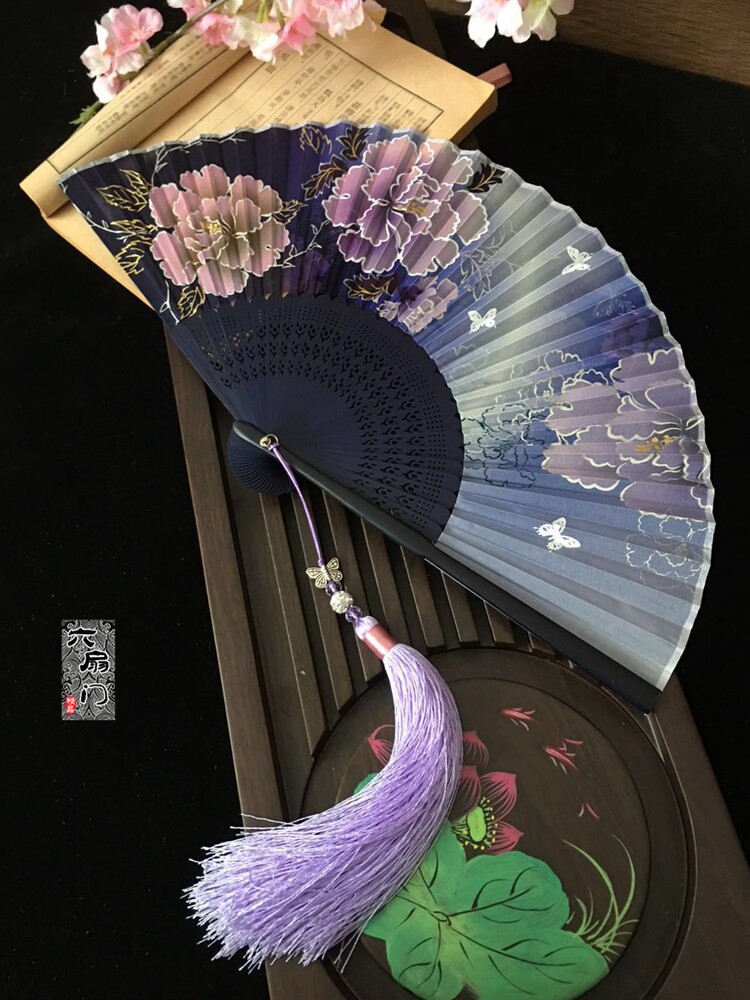 中国风扇子紫色系渐变牡丹扇蝴蝶复古典女折扇子工艺扇礼品扇夏季