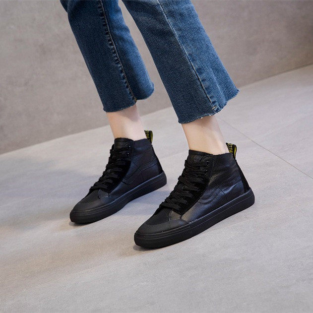 2020春季新款百搭欧洲站黑色高帮女鞋潮真皮小黑鞋女休闲牛皮板鞋