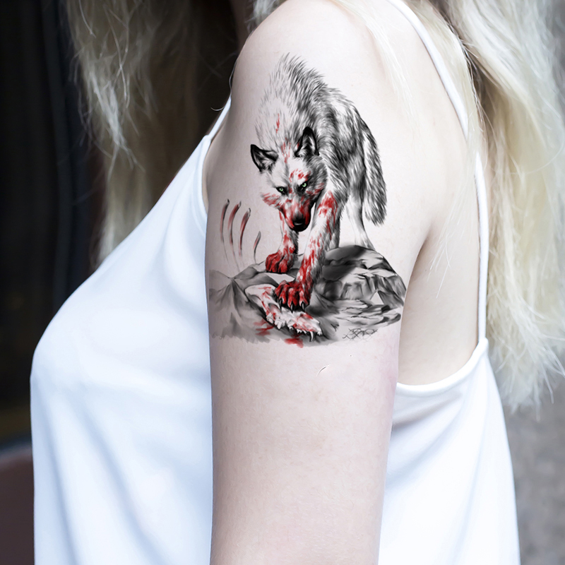 胸前狼头纹身贴 彩色大图 滴血狼头 男女花臂防水纹身贴包邮持久