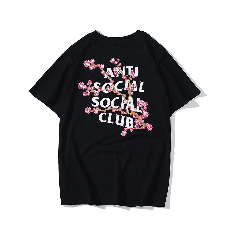 anti social social club assc 樱花字母印花男女情侣短袖t恤学生