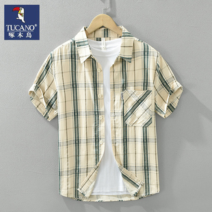 啄木鸟男士格子短袖衬衫2024新款夏季日系纯棉半袖衬衣潮流上衣服