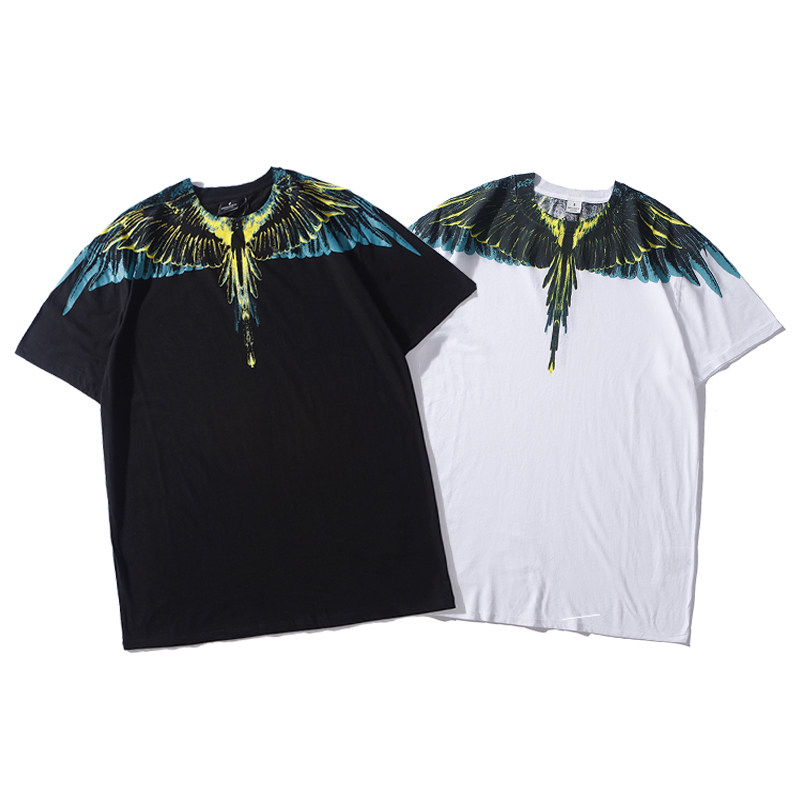 欧美潮牌mb翅膀短袖体恤ins情侣男女同款纯棉黑白黄绿翅膀羽毛t恤_4