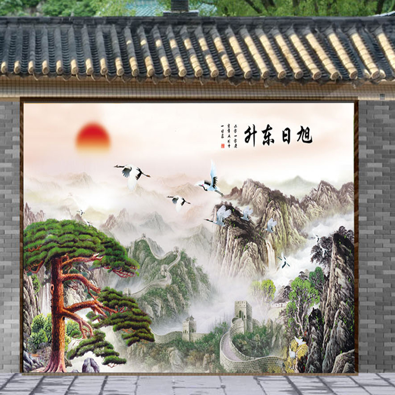 定制户外山水瓷砖背景墙画大型迎客松流水生财山水画农村迎门墙