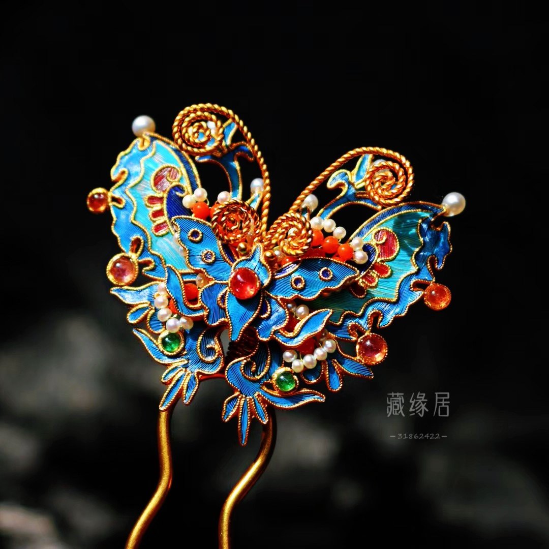 气质多宝钿子花丝点翠发钗蝴蝶步摇发簪纯银头饰发插盘发国风汉服