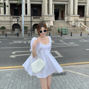 Summer new retro square neck bubble sleeve fluffy skirt