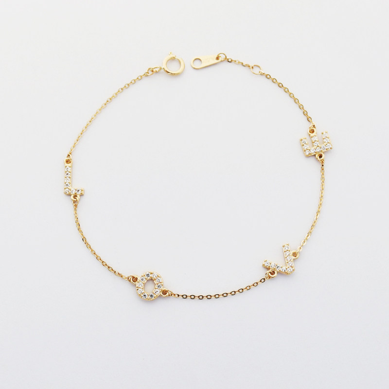 韩国纯14k金黄金手链 满锆love字母精致轻奢k纯金彩金手链女气质